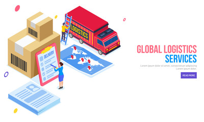 Isometric illustration of lady checking all delivery packages, map with mappin icon, loaded cargo truck on white background. Global Logistics Services web template design.