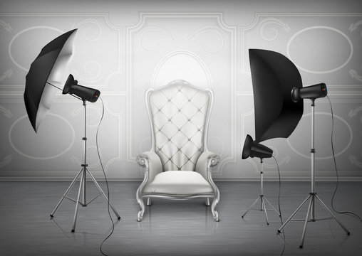 Vector background, photo studio with empty luxury armchair and wall with decorative ornament, light diffusers and softboxes on tripods. Room mockup with lighting equipment for professional photography