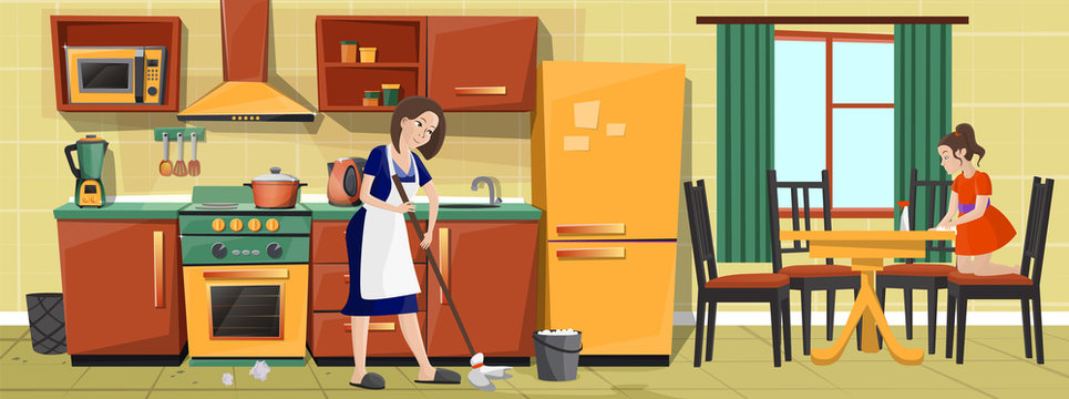 Vector cartoon illustration, mother and daughter cleaning kitchen, doing housework together. Housewife mopping floor, girl helping her and whipping dinner table. Happy family life concept background