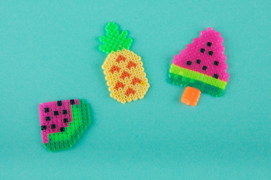 Set of three flat plastic fruits made of thermo mosaic