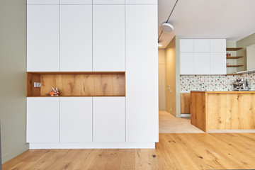 Modern kitchen in minimalist style with white painted facades and wooden decor in the olive room