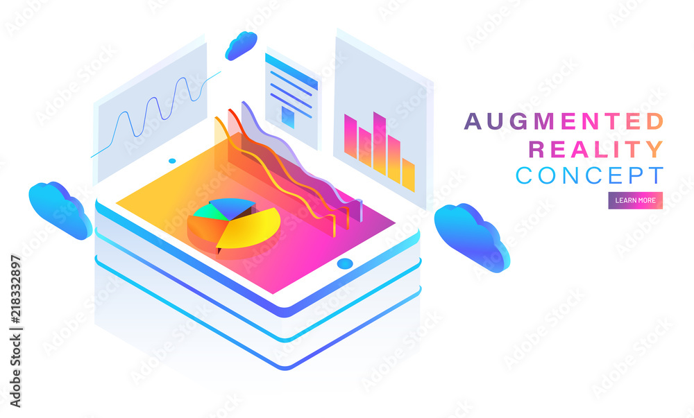 Poster isometric illustration of smartphone with business growth or success statistics with the help of pie