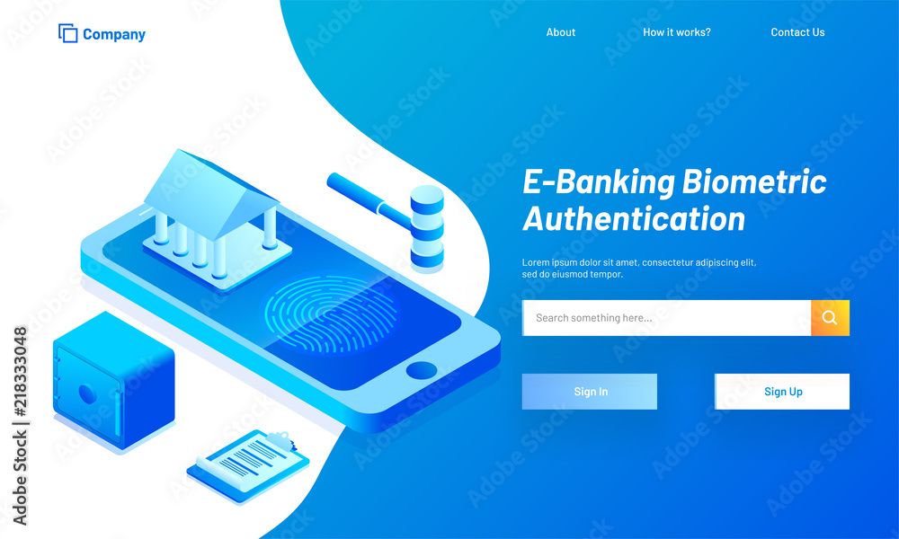 Poster e-banking biometric authentication concept, responsive web template design with isometric illustrati