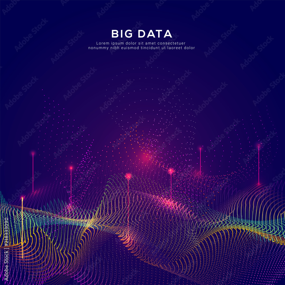 Poster big data concept with shiny wavy structure of hi-tech digital wave network on blue background.
