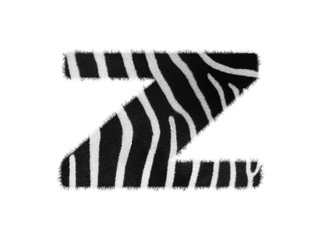 Furry font made of zebra skin texture. Character render isolated on white.