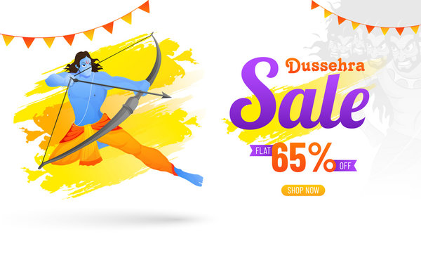 Dussehra sale with 65% discount offer and illustration of Hindu Mythological Lord Rama and Demon Ravana on abstract background.