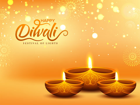 Realistic, Illuminated Oil Lamps (Diya) shiny ornamental background with blur lighting effect for Diwali festival celebration concept.