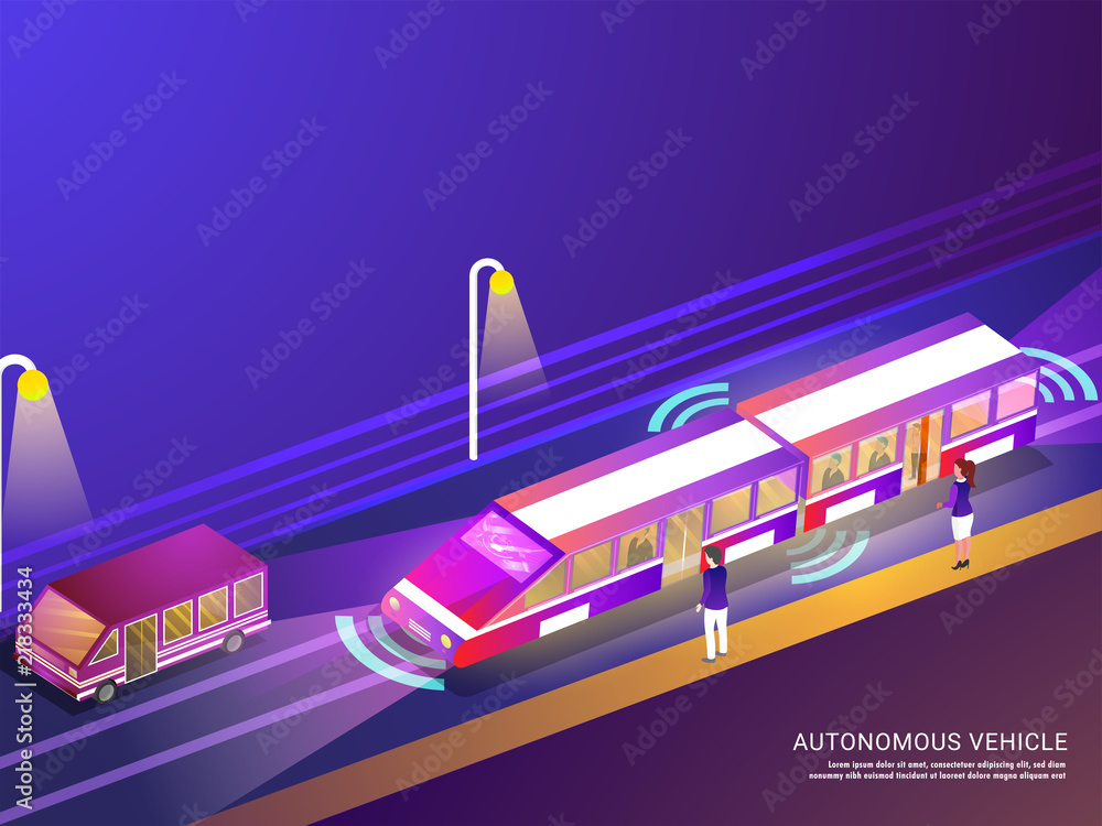 Poster futuristic design for autonomous vehicle concept with isometric smart city illustration. responsive 