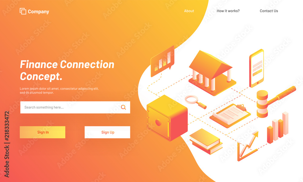 Poster finance connection concept, isometric design for responsive web template with illustration of bankin