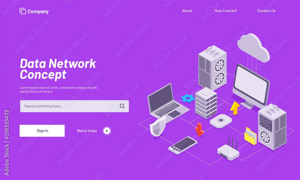 Poster data network concept based landing page design with isometric illustration of desktop, laptop and sm