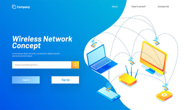 Wireless Network concept based landing page design with isometric illustration of multiple digital equipments connected with wifi.