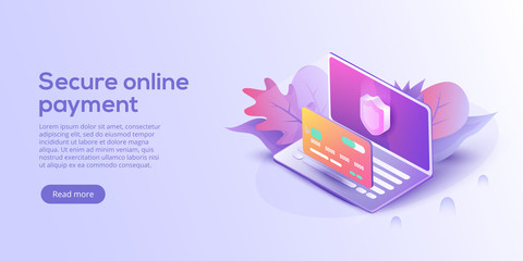 Secure online payment for e-commerce isometric vector illustration. Money transfer via Internet concept with laptop and credit card. Safe bank transaction app with id verification.
