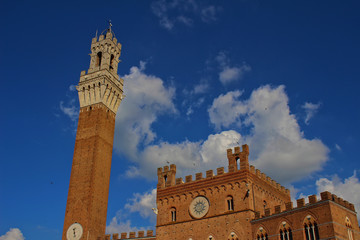 Fototapeta premium A view of the buildings, Palazzo Pubblico and the tower on Piazza del Campo in Siena, Italy