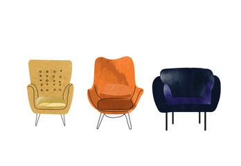 watercolor chair illustration collection. hand drawn armchair. interior design elements. 