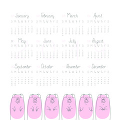 Calendar 2019. Hand-drawn calendar with pink pigs, symbol of 2019. Vector drawing on white background. 