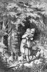 Vintage engraving, walk in the woods, mother, girl and four small  goatlings