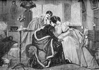 Vintage engraving, two women speak confidentially and a secret is shared talking into the friend's ear