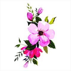 Hand-drawn isolated vector bouquet with fresh spring pink flowers and leaves.