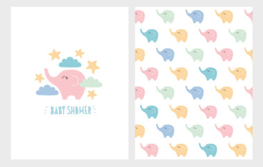 Cute Baby Shower Illustration Set.Hand Drawn Blue Letters.White Background. Pastel Colors Little Elephants Pattern. Funny Pink Elephant Among Yellow Stars and Blue and Mint Green Clouds. Simple Design