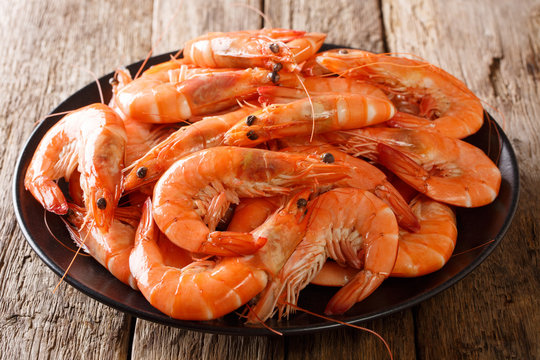 Fototapeta Healthy diet food: boiled wild tiger shrimps close-up on a plate on a table. horizontal