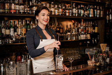 Lovely sexy barman woman stirring ice in a glass