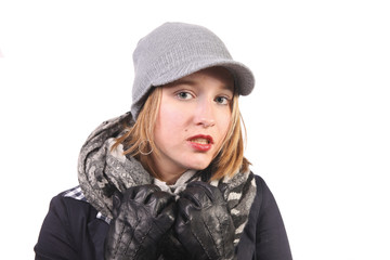 Young woman with shawl and cap