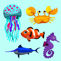 Fototapeta na wymiar sea animals of simple color illustrations