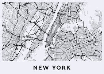 Light New York City map. Road map of New York (United States). Black and white (light) illustration of new york streets. Transport network of the Big Apple. Printable poster format (album). - 218339431