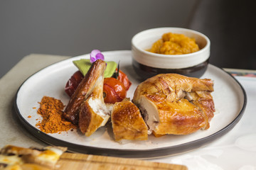 grilled and barbecue chicken on table, selective focus