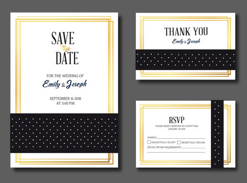 Vector template set. Wedding invitation, rsvp, thank you, save the date card design with elegant elegant pattern with dots in gold and black.