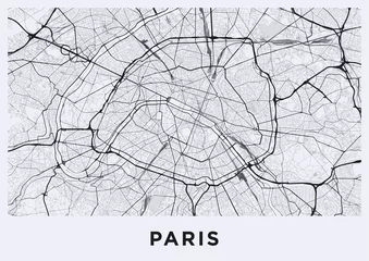Poster Stadsplattegrond licht Parijs. Wegenkaart van Parijs (Frankrijk). Zwart-wit (licht) illustratie van parijse straten. Afdrukbaar posterformaat (album). © Anton Shahrai