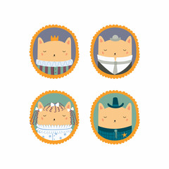 Set of hand drawn cute funny portraits in frames of cats, king, sheriff, Victorian gentleman, lady. Vector illustration. Isolated objects. Scandinavian style flat design. Concept for children print.