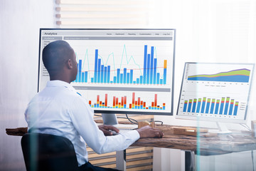 Rear View Of Young Businessman Looking At Graph