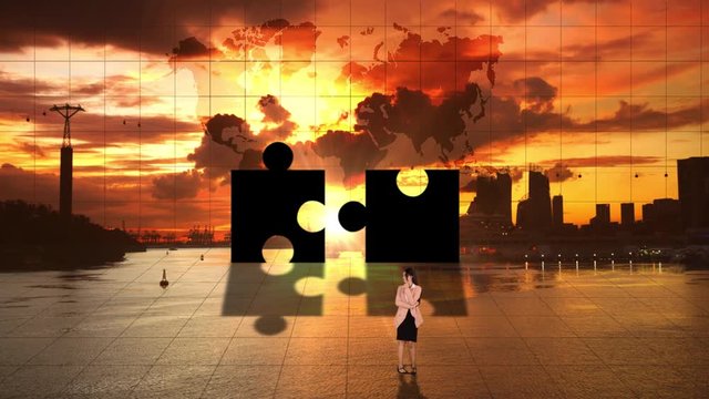 Worried business woman walk back and forth while thinking something with silhouette puzzle background