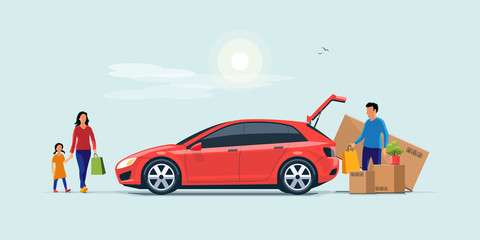 Flat vector illustration of a man with family coming from shopping and loading the car trunk with purchase carton boxes. Oversized big tv box doesn't fit. Isolated on blue background. - obrazy, fototapety, plakaty