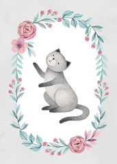 Watercolor illustration of cute cat. Perfect for greeting card