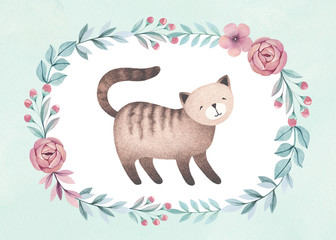 Watercolor illustration of cute cat. Perfect for greeting card