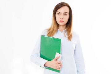 Fototapeta premium Isolated portrait of business woman, girl with smartphone.Confident young manager. Copy space