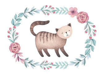 Watercolor illustration of cute cat. Perfect for greeting card