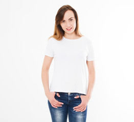 Obraz premium T-shirt design, people concept - closeup of young woman in white shirt, front isolated. Mock up template for design print. Copy space