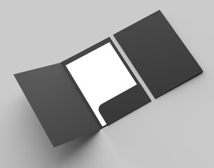 A4 size single pocket reinforced black folder mock up isolated on gray background. 3D illustration. - obrazy, fototapety, plakaty