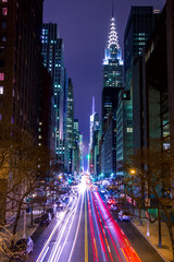 Night Traffic on 42nd Street of New York City - obrazy, fototapety, plakaty