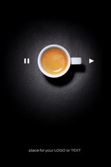 Coffee Poster Advertisement. Coffee cup on  black table. Top view with copyspace for your text