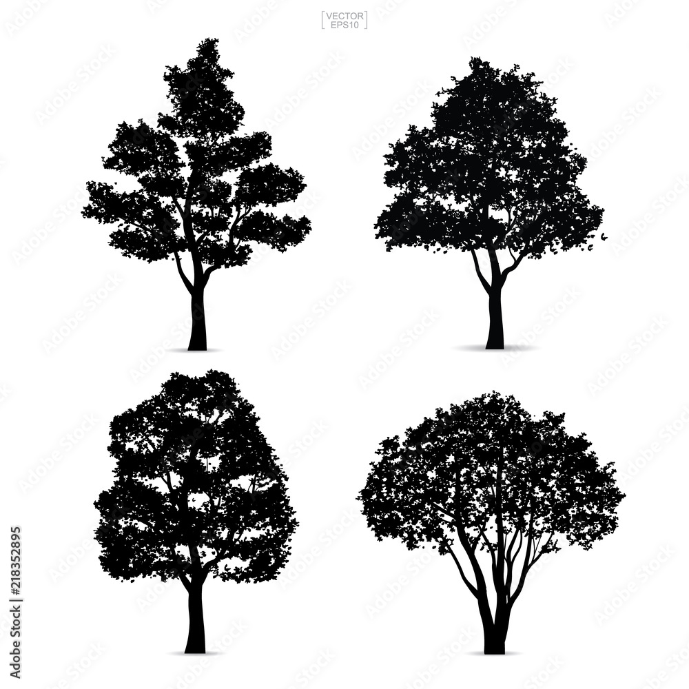 Poster set of tree silhouettes isolated on white background for landscape design and architectural composit
