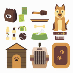 Dog care object set, items and stuff: feed, toys, ball, canned and shampoo. Flat vector illustration on white background.