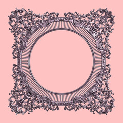 Classic frame with ornament decor in pastel purple color isolated on pink background