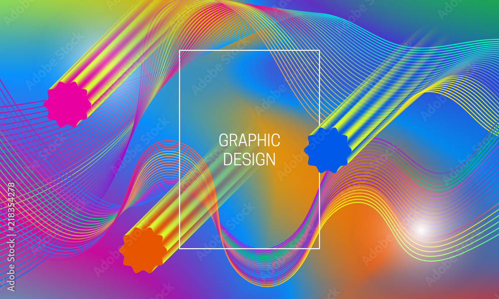 Poster abstract vibrant background design with falling translucent shapes and colorful guilloche elements. 