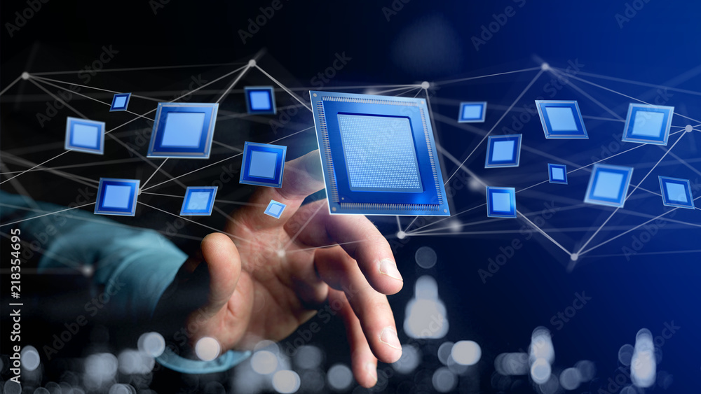 Poster processor chip and network connection - 3d render