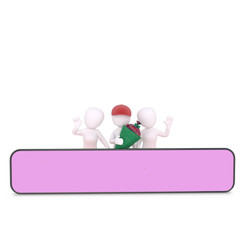 three people standing behind a pink blackboard