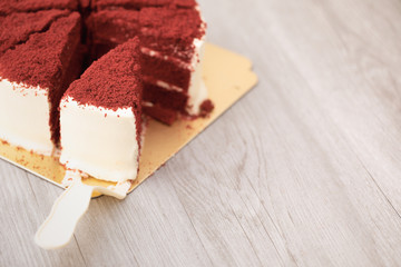 Red velvet cake, close up shot of colorful bakery